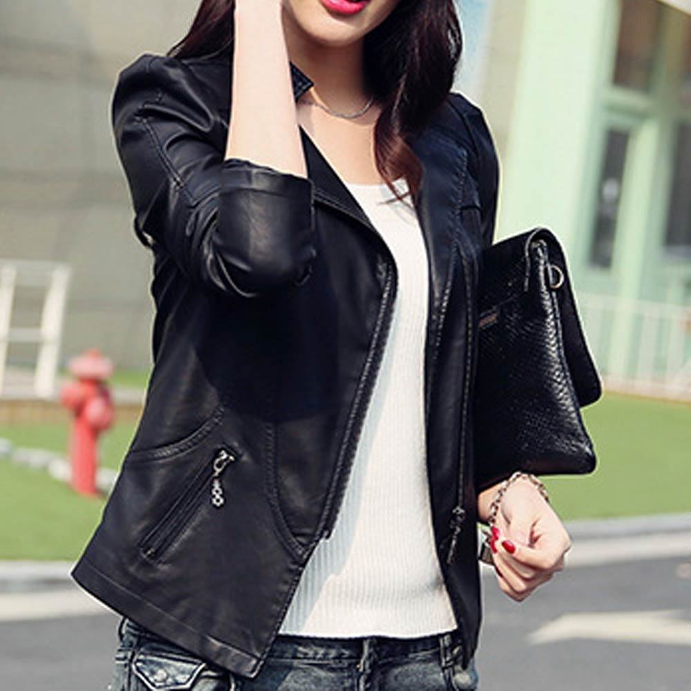 Buy Slim Body Fit Women Paragraph Casual Leather Jacket WJ-09BK in UAE