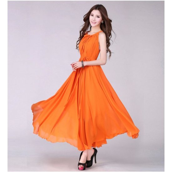 Buy Women Fashion Orange Color Beach Bohemian Elegant Chiffon Maxi ...