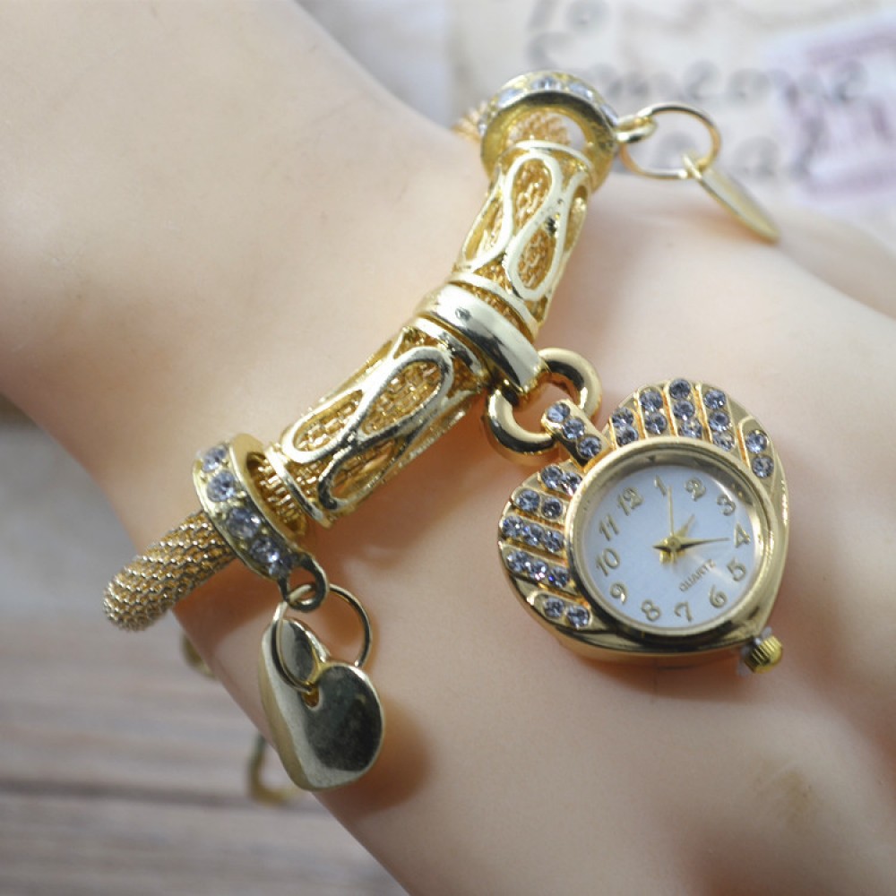 Buy Women Gold Peach Heart Dial Bracelet Watch W-66G | BusinessArcade.com