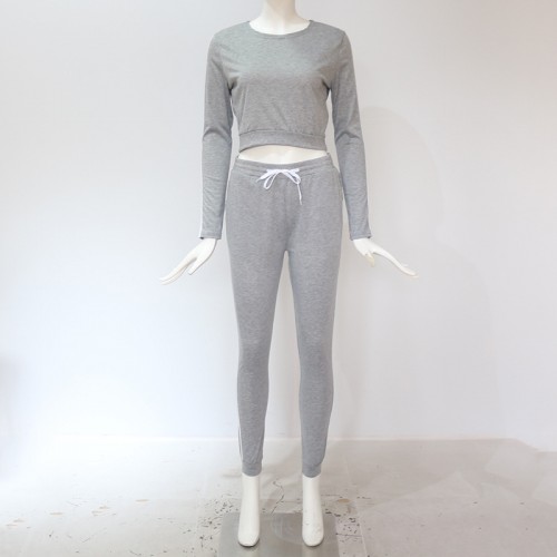 Showing image for Striped cropped Hoodie Grey joggers set WH-32GR