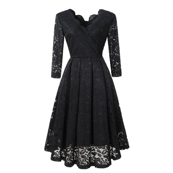 Best Lace Patchwork V Neck Flare Black Dresses WC-225BK | BusinessArcade