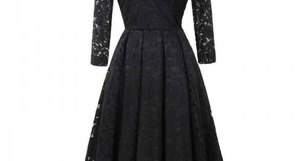 Best Lace Patchwork V Neck Flare Black Dresses WC-225BK | BusinessArcade