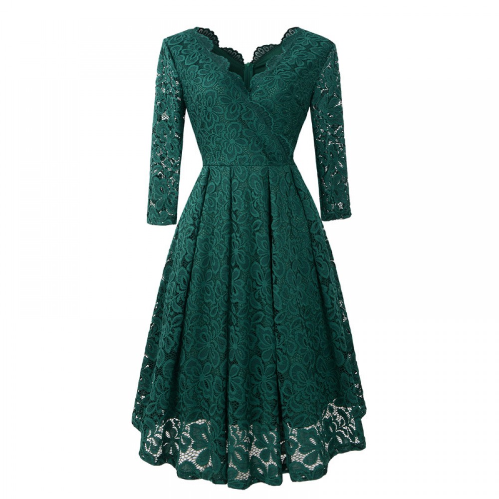 Buy Lace Patchwork V Neck Flare Green Dresses | BusinessArcade