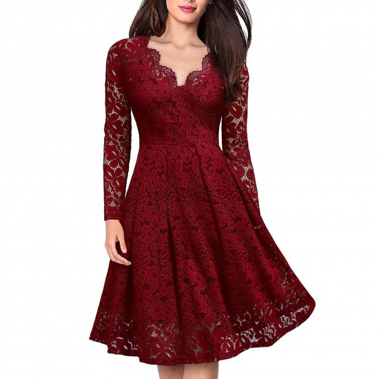 Buy Lace Patchwork V Neck Flare Dress - Red | Fashion