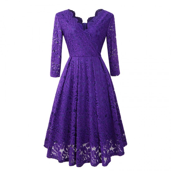 Buy Lace Patchwork V Neck Flare Purple Dresses Wc 225pr In Uae 