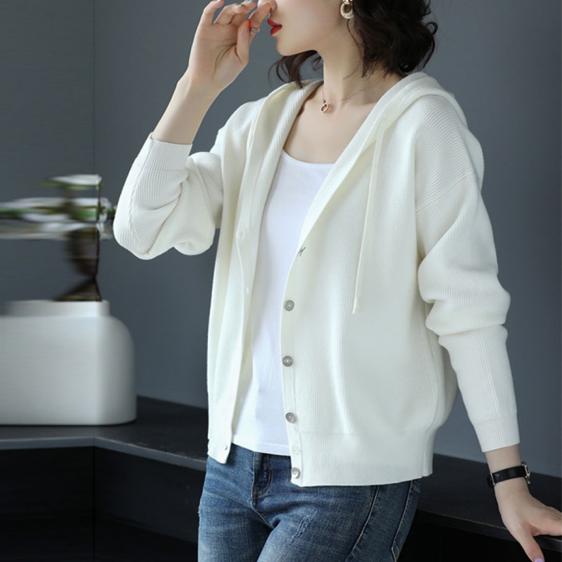 Buy Long Sleeved Cardigan Hooded Sweater Jacket - White ...