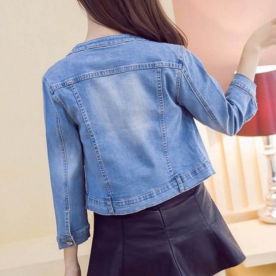 Vintage Women Short Casual Denim Jacket Light Blue
