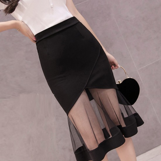 Buy High Waist Women Mesh Knee Length Skirt Black WC 501BK Fashion BusinessArcade