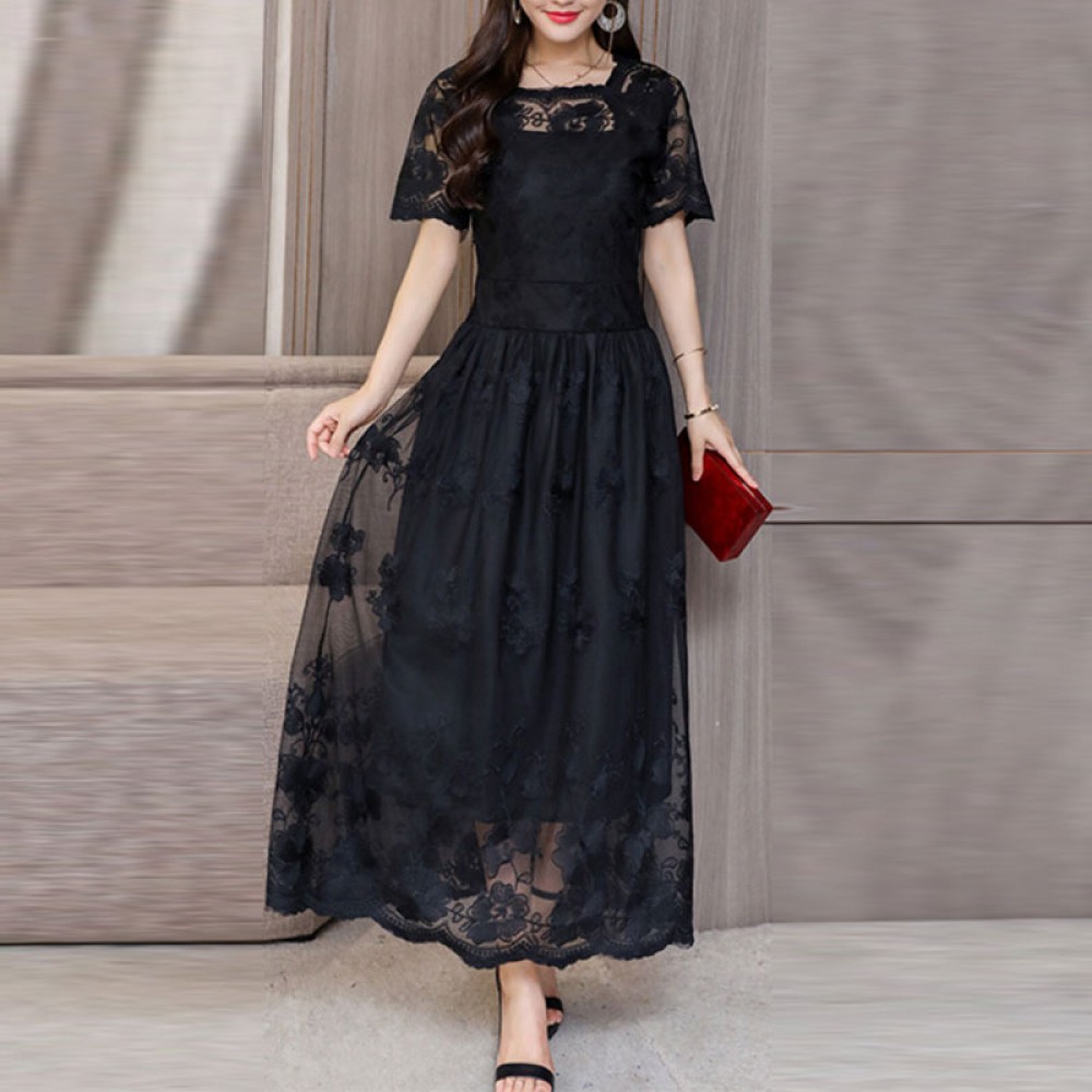 Buy Ruffle Embroidered Lace Fairy Maxi Dress - Black | BusinessArcade