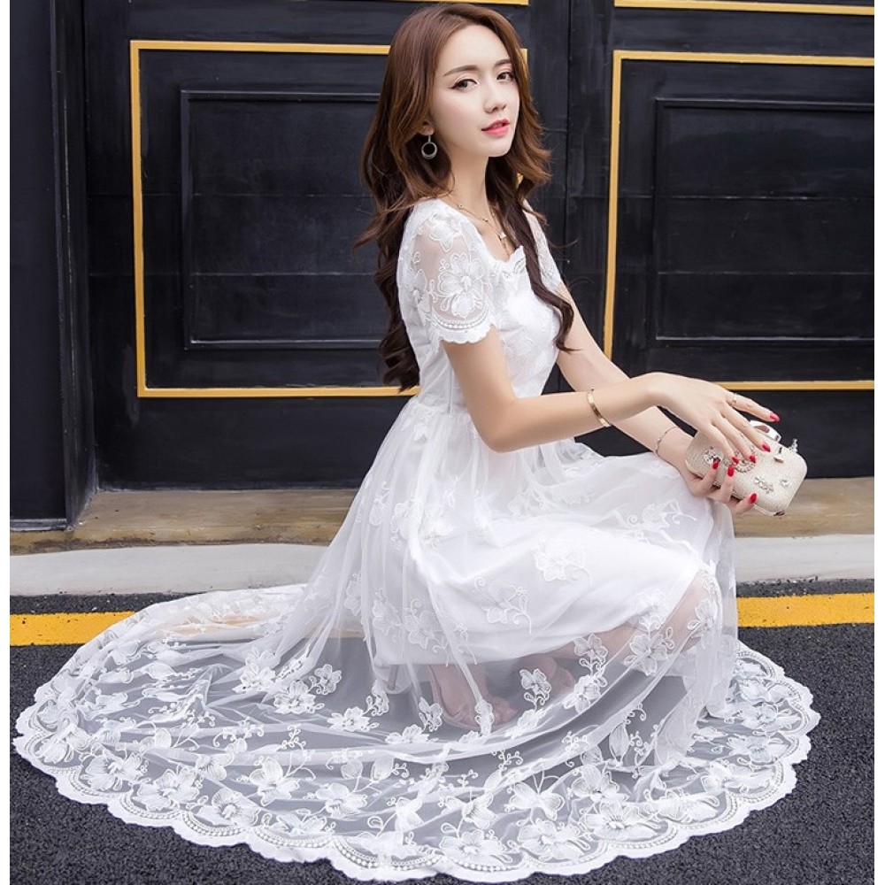 Buy Ruffle Embroidered Lace Fairy Maxi Dress - White in UAE