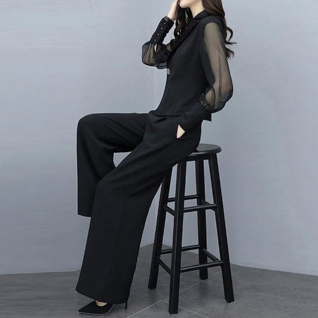 Buy Women Casual Two Piece Chiffon Pantsuit - Black | Fashion ...