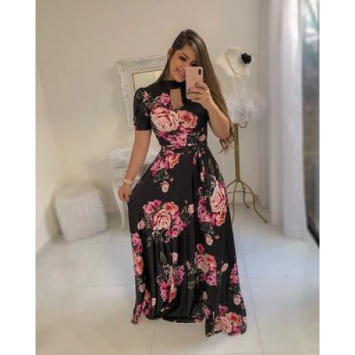 Buy Elegant Floral Printed Half Sleeves Maxi Dress - Black | Fashion ...