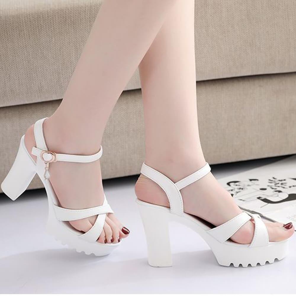 white thick strap heels