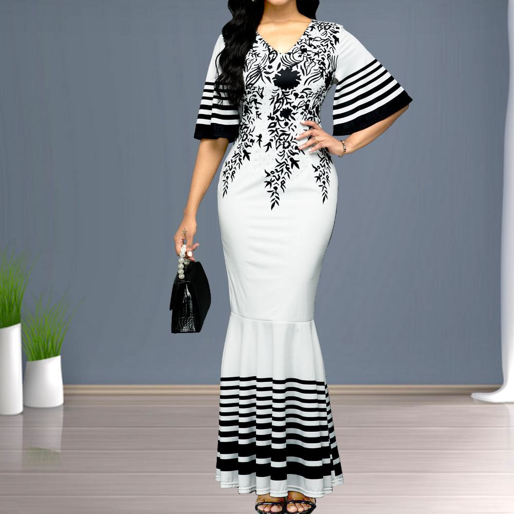 Floral Printed Mermaid Style Ruffle Sleeve Maxi Dress - White