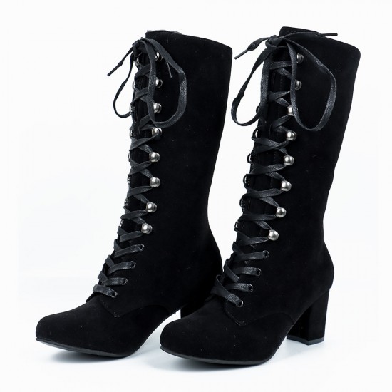 Mid calf lace hot sale up heeled boots