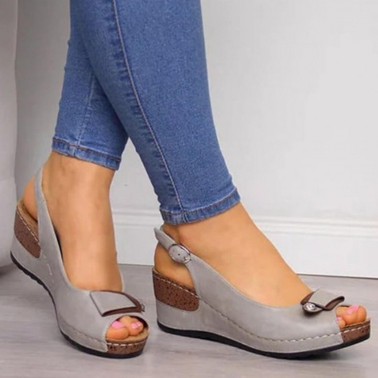Buy Peep Toe Buckle Casual Wedge Sandals -Grey | Fashion ...