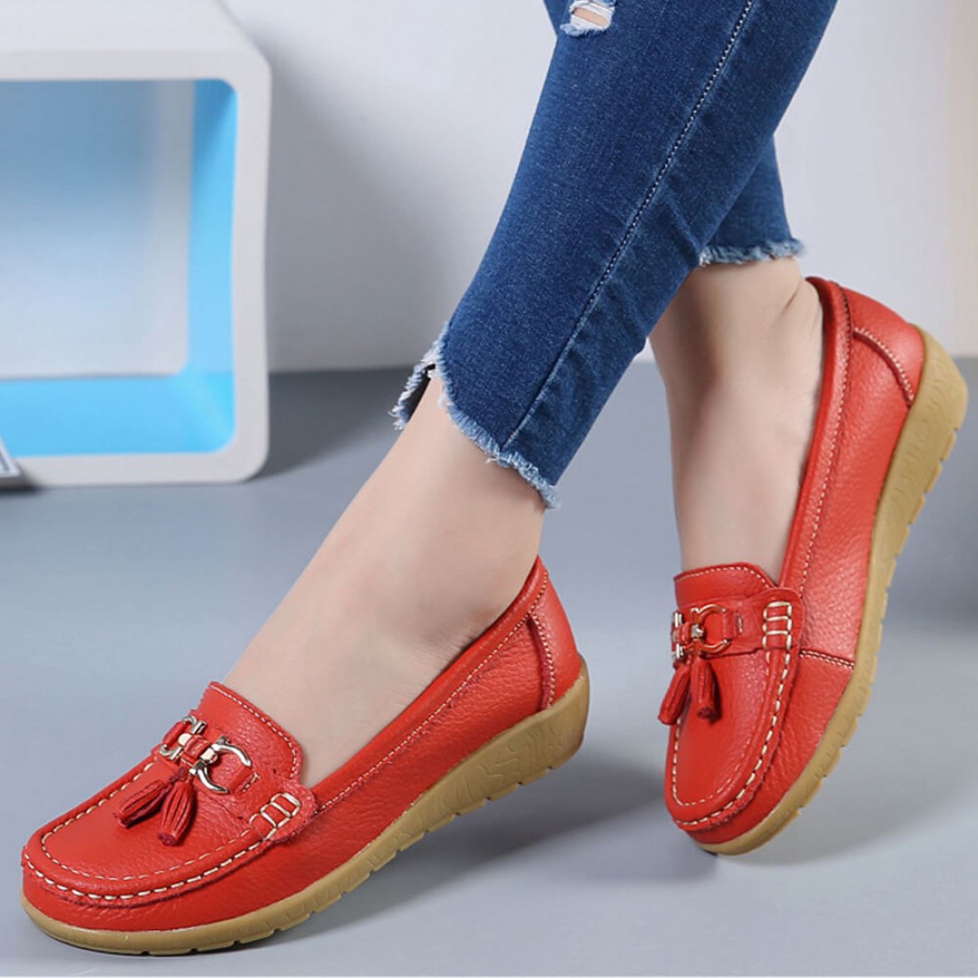 Buy Soft Leather with Rubber Sole Slip On Loafer Flats -Red | Look ...