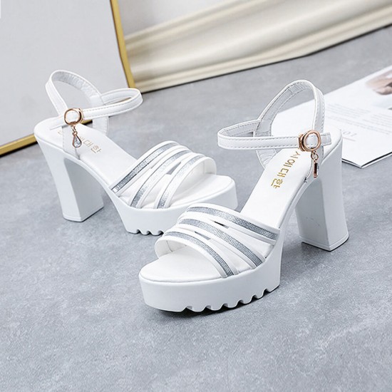 Buy Stylish Sequined Ankle Strap Thick Heeled Sandals White