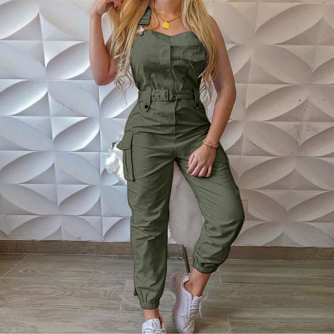 Buy Rompers Sleeveless High Waisted Belt Jumpsuit - Green | Fashion ...