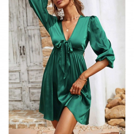 Buy Solid Color Lantern Sleeves Deep V-neck Short Dress-Green, Fashion
