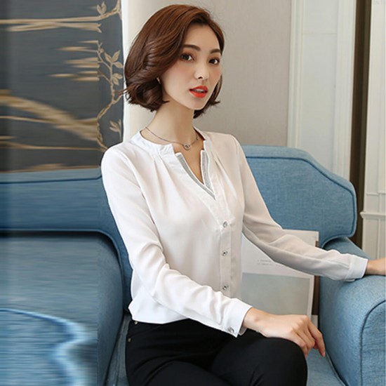 Buy Decorative V Neck Solid Color Women s Shirt White Fashion