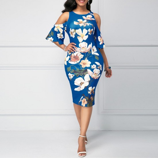 Blue floral best sale cold shoulder dress