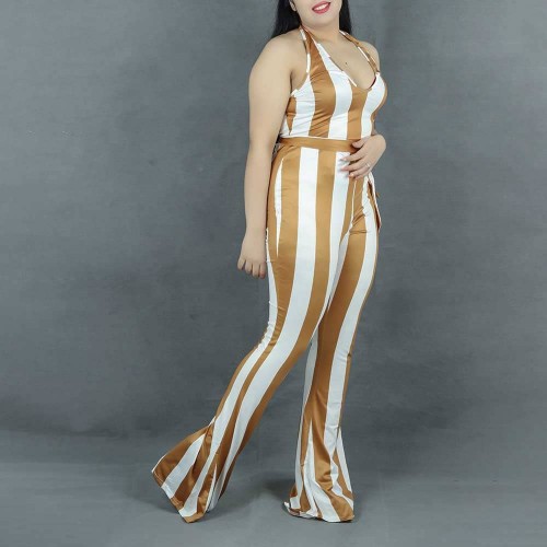 Sexy Halter Neck Striped Flared Jumpsuit Orange 7601