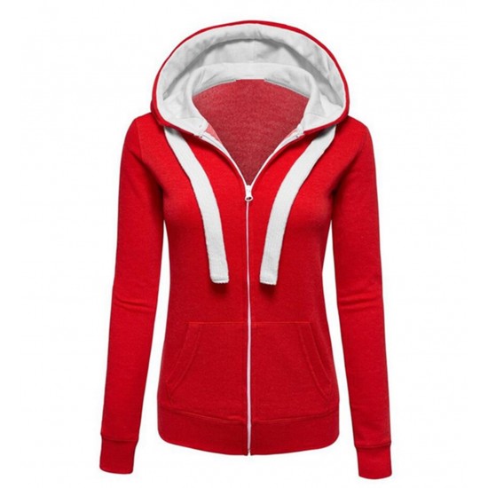 Buy Women Fashion Red with White Shade Zip Body Fit Hoodie Sweater H ...